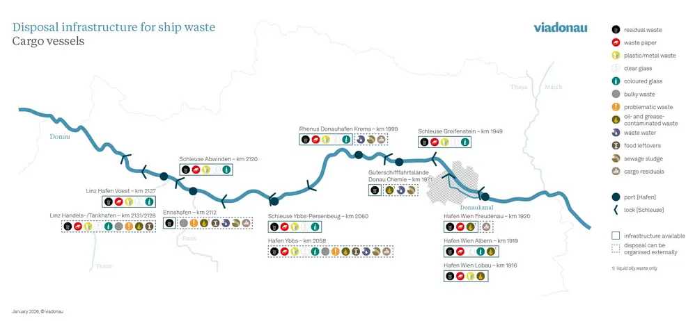 Map of disposal infrastructure for cargo vessels in Austria